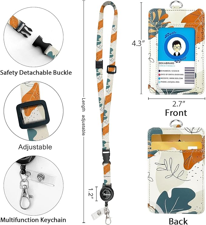 Leather ID Badge Holder with Detachable Lanyards,Adjustable Lanyard with Retractable Reel, Quick Release Buckle and Safety Breakaway Lanyards & Swivel Metal Clasp for Work Nurse Teacher (Desert Leaf)
