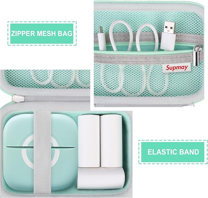 Hard Travel Case for Cabaro Mini Printer Sticker Thermal Printer, Bluetooth Portable Phone Printer Storage Holder Protection Case with Zipper Mesh Pocket fit Rolls Paper, Charging Cable, Green