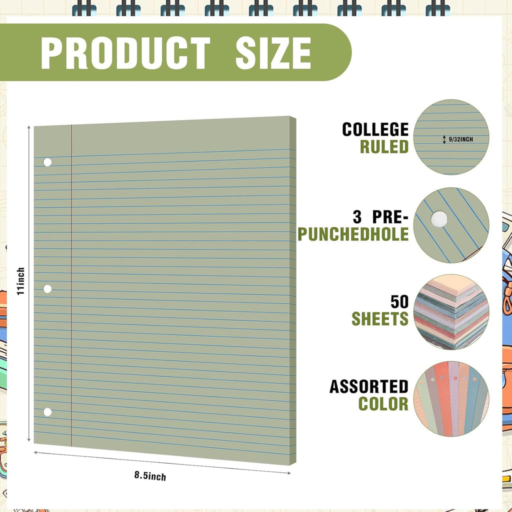 PerKoop 600 Sheets Colored Loose Leaf Paper 8.5" x 11" college ruled Lined 3 Hole Punched notebook Filler Paper for 3 Ring Binders Office School Supplies (Retro Color)