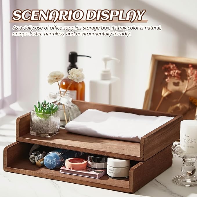 Yeaqee 4 Pcs Stackable Paper Tray Letter Tray Desktop Letter Size Wood Desk Organizer Office Wooden Desk Shelf Paper Holder Folder Organization Rack for Mail File Letter Document (Dark Wood Color)