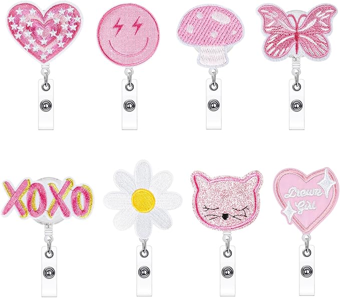 NACHLYNN 8 Pcs Valentine's Day Felt Retractable Badge Reels Cute Felt Nurse Badge Reel Holders Name ID Accessories with Retractable Cord for Teacher Student Nurses Gifts