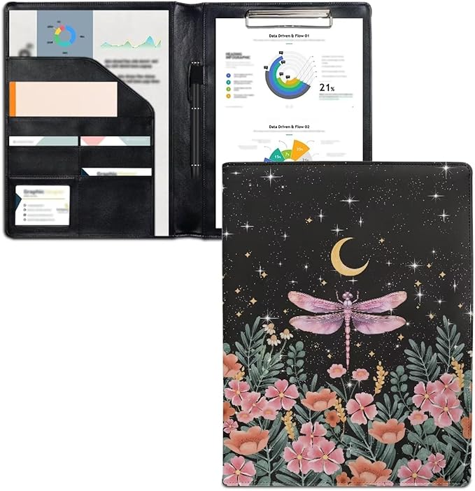 Cozeyat File Folders Letter Size Aesthetic Dragonfly and Floral Print Leather Conference Folder for Business Office Work, Portfolio Binder Organizer for Women