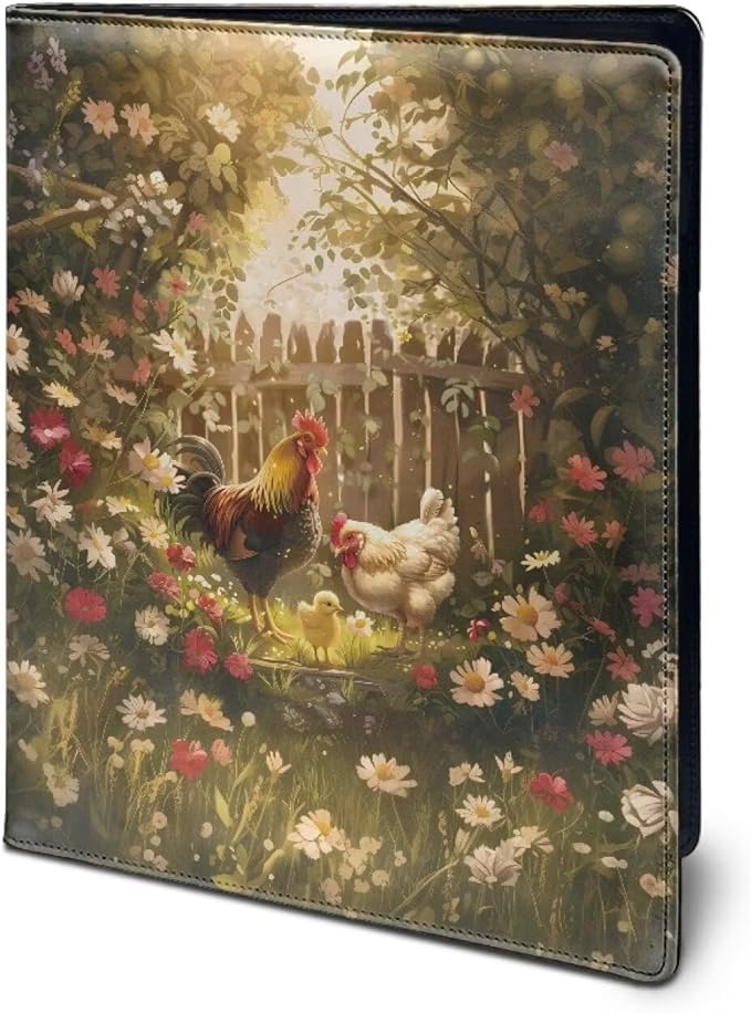 Office Folder Flower Rooster Print PU Leather Padfolio with A4 Size Clipboard Clip for Business Resume Interview Document Sleeve Binder Folder for Men/Women