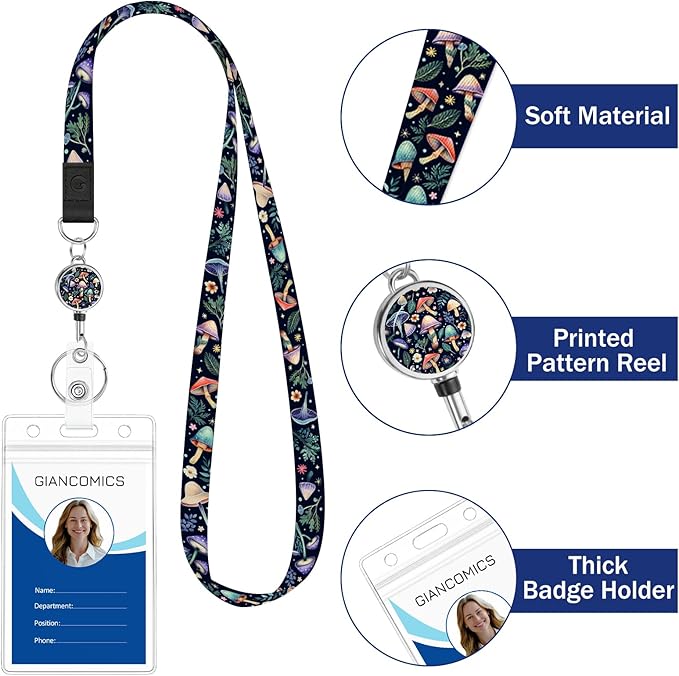 Giancomics Lanyards for Id Badges, Mushroom Cute Lanyards with Retractable Reel, Waterproof ID Badge Holder for Cruise Ships Cards Key, Office Work Name Tag Zip Card Protector 2 Pack