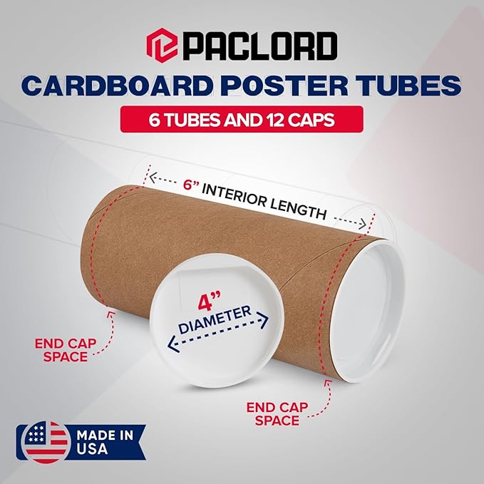 4" x 6" Reinforced Kraft Paper Mailing Tubes, Pack of 6 Tubes with 2 Caps Each – USPS Approved Poster Tube – Made in USA Cardboard Tube for Shipping and Storing Posters, Prints, Artwork, or Documents