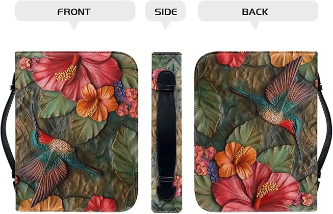 Lotusorchid Leather Bible Book Cover Case with Handle Pocket, Hummingbird Bible Cover Case with Pen Storage, Sturdy PU Bible Tote Bag, Bible Accessories, XL