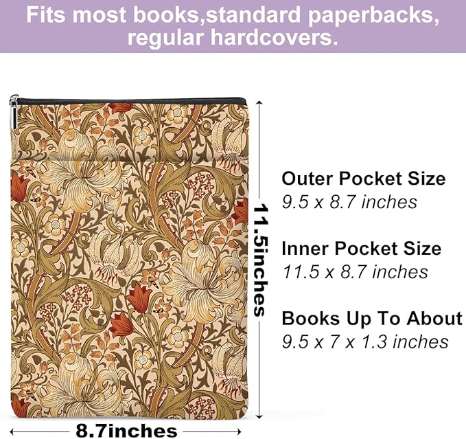 Retro Flowers Book Sleeve Book Cover Classic Flower Book Protector with Zipper Christmas Birthday Book Club Gifts Book Accessories for Women Sister Freind Librarian Girls Bookish Book Lovers Gifts