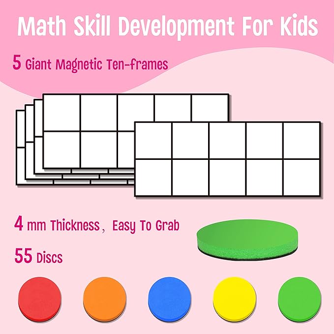 Magnetic Ten-Frame Set, Including 5 Frames (no Hollowed Out) and 55 Colorful Discs (Upgraded Version for Fridge & Hand-held)