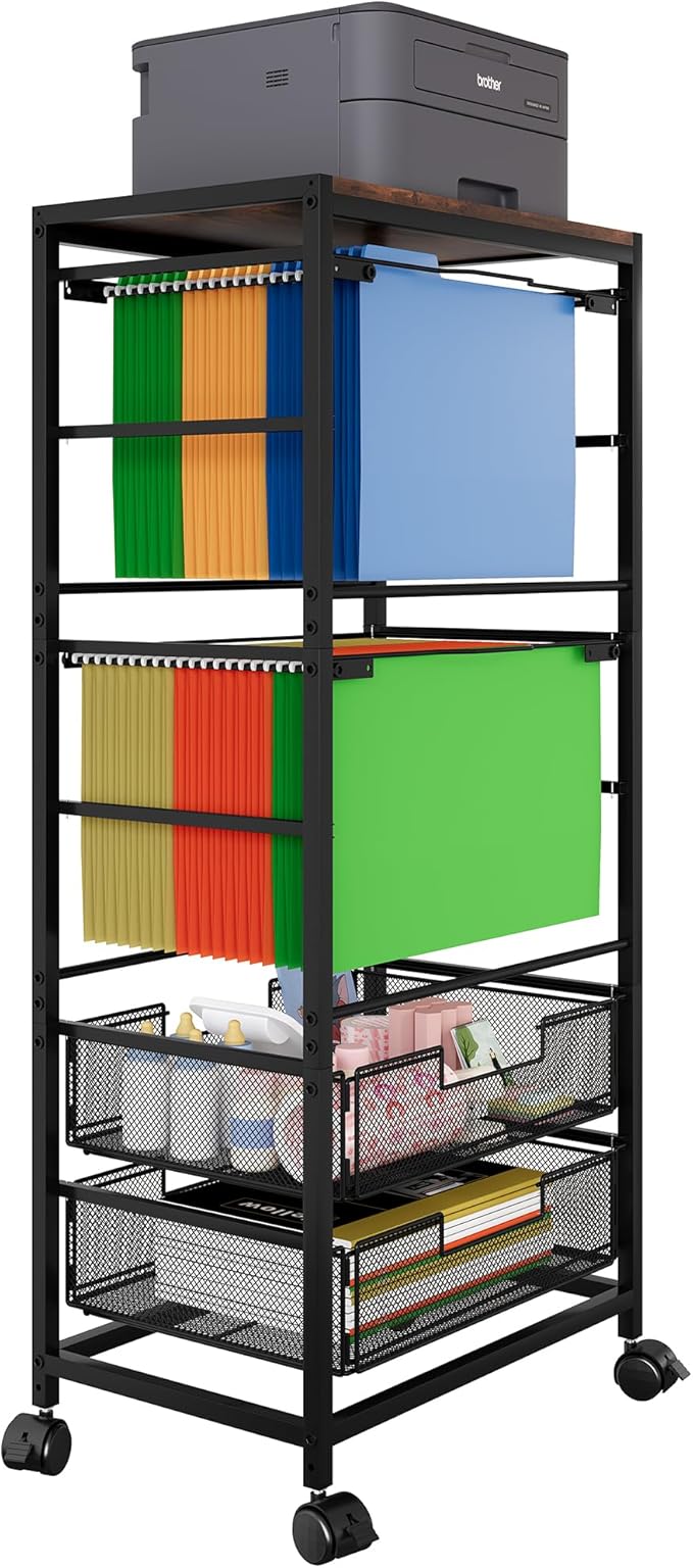 EasyPAG Rolling File Cart on Wheels with 2 Mobile Letter & Legal Size Hanging File Folder Rack and 2 Pull-Out Drawers for Home Office, Black