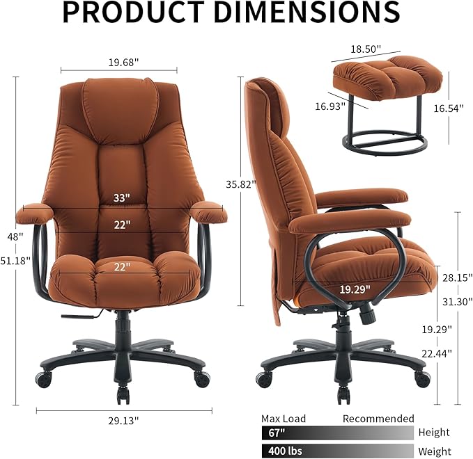Office Chair Big and Tall, High Back Home Office Chair 400 lbs, Executive Office Chair with Ottoman, Ergonomic Office Chair with Padded Armrest, Swivel Computer Chair PU Leather (Khaki)