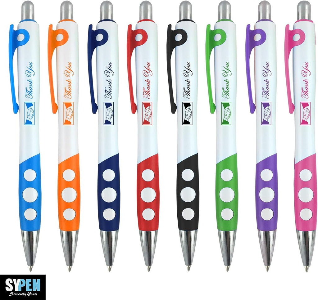 SyPen Personalized Ballpoint Pens With Custom Logo/Text-350 Pack Bulk-for Businesses, Parties, & Events, Custom Printed, White Barrel with Matching Colored Clip and Grip, Click Pens, Black Ink, Green