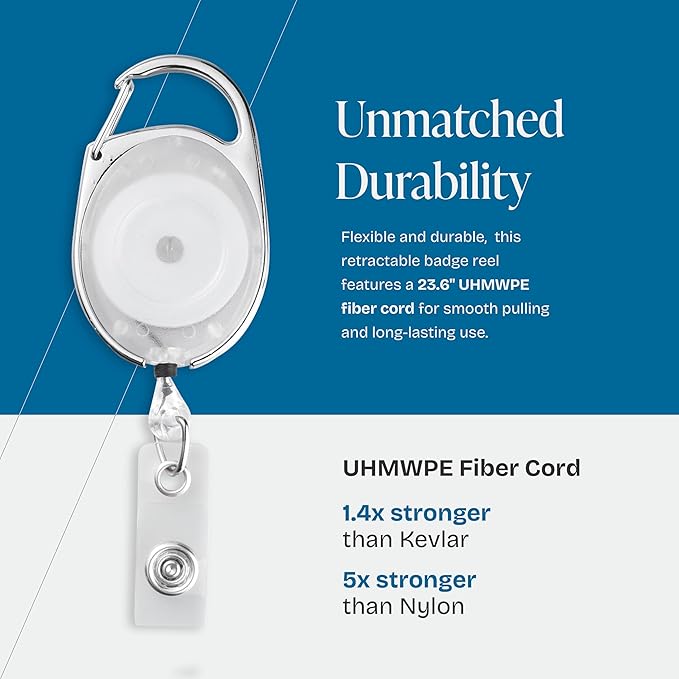 Will Well ID Badge Holders with Clip and Keyring - Vertical Clear Plastic 3.7" x 2.5" Sleeves Fit Up to 3 Cards - Retractable 24" UHMWPE Fiber Pull Cords - 2-Pack, Transparent White Reels