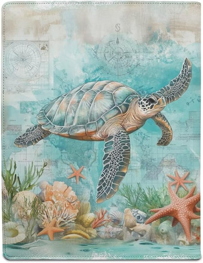 Cozeyat Beach Starfish PU Leather Portfolio Professional Organizer Padfolio for Women Girls, Sea Turtle Document Folio for Letter Size Writing Pad/Business Card Holder