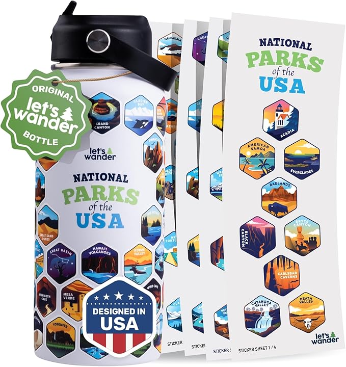 LET'S WANDER Original Lets Wander National Park Water Bottle with Waterproof Stickers - 32oz Leakproof Insulated Stainless Steel with Straw - Parks of the USA Bucket List Bottle [WHITE]