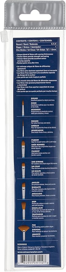 Winsor & Newton Cotman Short Handle Brushes, Set of 5, (Round 0, 2, & 6, Rigger 1, One Stroke 1/2")
