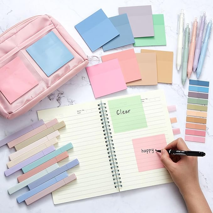 Jutom 39 Pcs Aesthetic Book Annotation Kit Pencil Case Bag with Highlighter Gel Pen 700 Sheets Transparent Sticky Notes Pads Index Tab Bible Study Supplies for School(Pink,Kawaii Style)