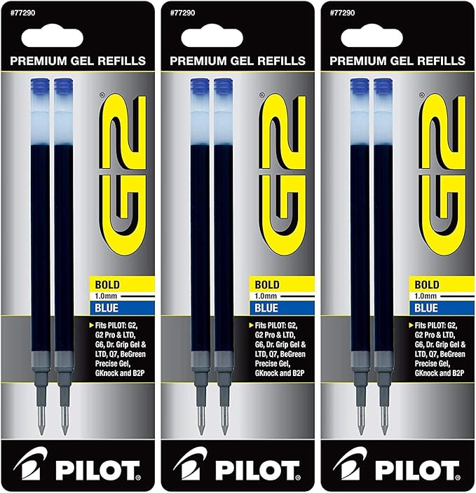Pilot G2 Gel Ink Pen Refills, Bold Point, 1.0mm, Blue Ink, 6 Refills