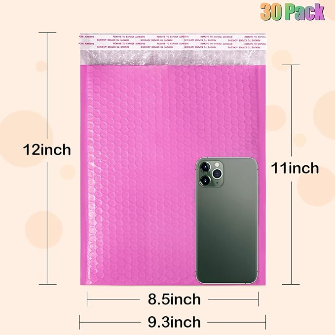 8.5 x 12 Inch Bubble Mailers, 30 Pack Self-Seal Poly Padded Envelope, Waterproof Shipping Bags for Small Business, Hot Pink