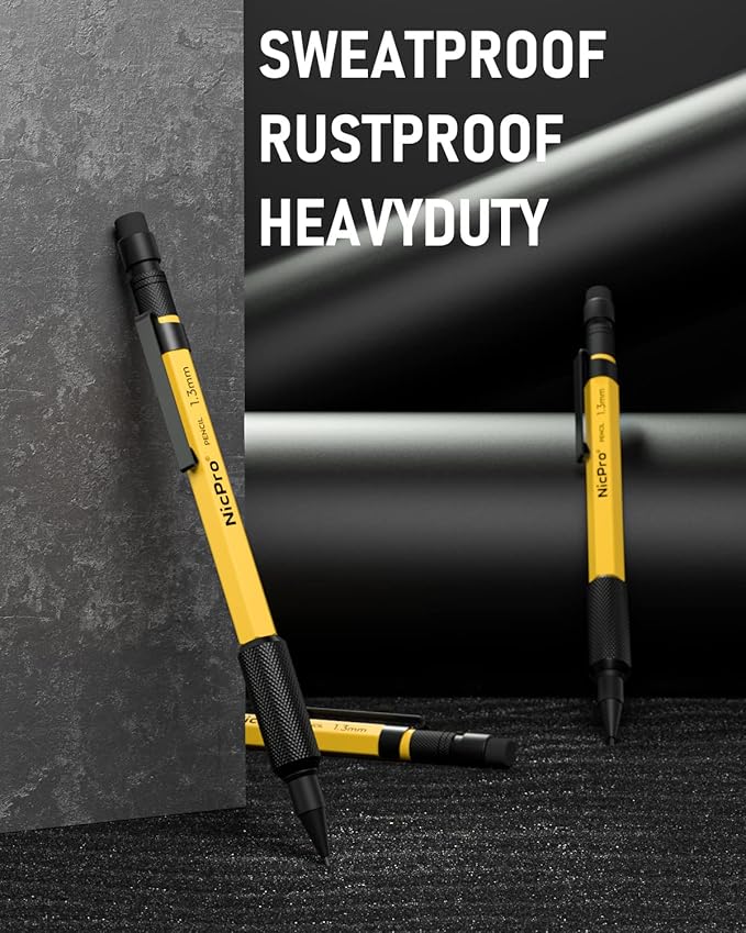 Nicpro 3 PCS 1.3 mm Mechanical Pencil Set with 72 Lead Refills, 3 Eraser - Weatherproof Metal Barrel, Heavy Duty Carpenter Pencil MP2000 for Outdoor Marking Drafting Drawing Woodworking - with Case