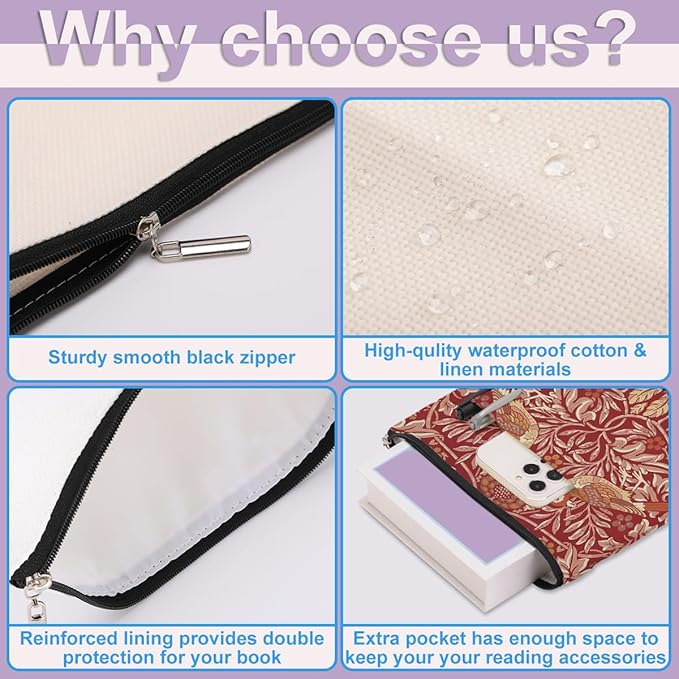 Retro Floral Bird Book Sleeve Book Cover Classic Flower Book Protector with Zipper Christmas Birthday Book Club Gifts Book Accessories for Women Bestie Mom Librarian Girls Bookish Book Lovers Gifts