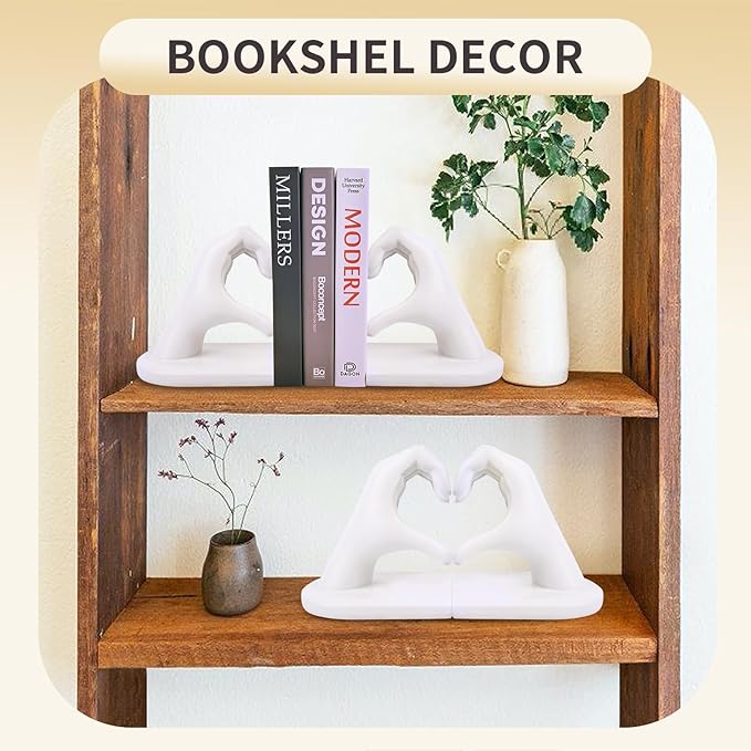 White Decorative Bookends for Shelves, Heart Hands Book Ends Sculpture Aesthetic Decor for Bedroom Living Room Merch Apartment Bookshelf Birthday Women Decorations Stuff Aesthetic