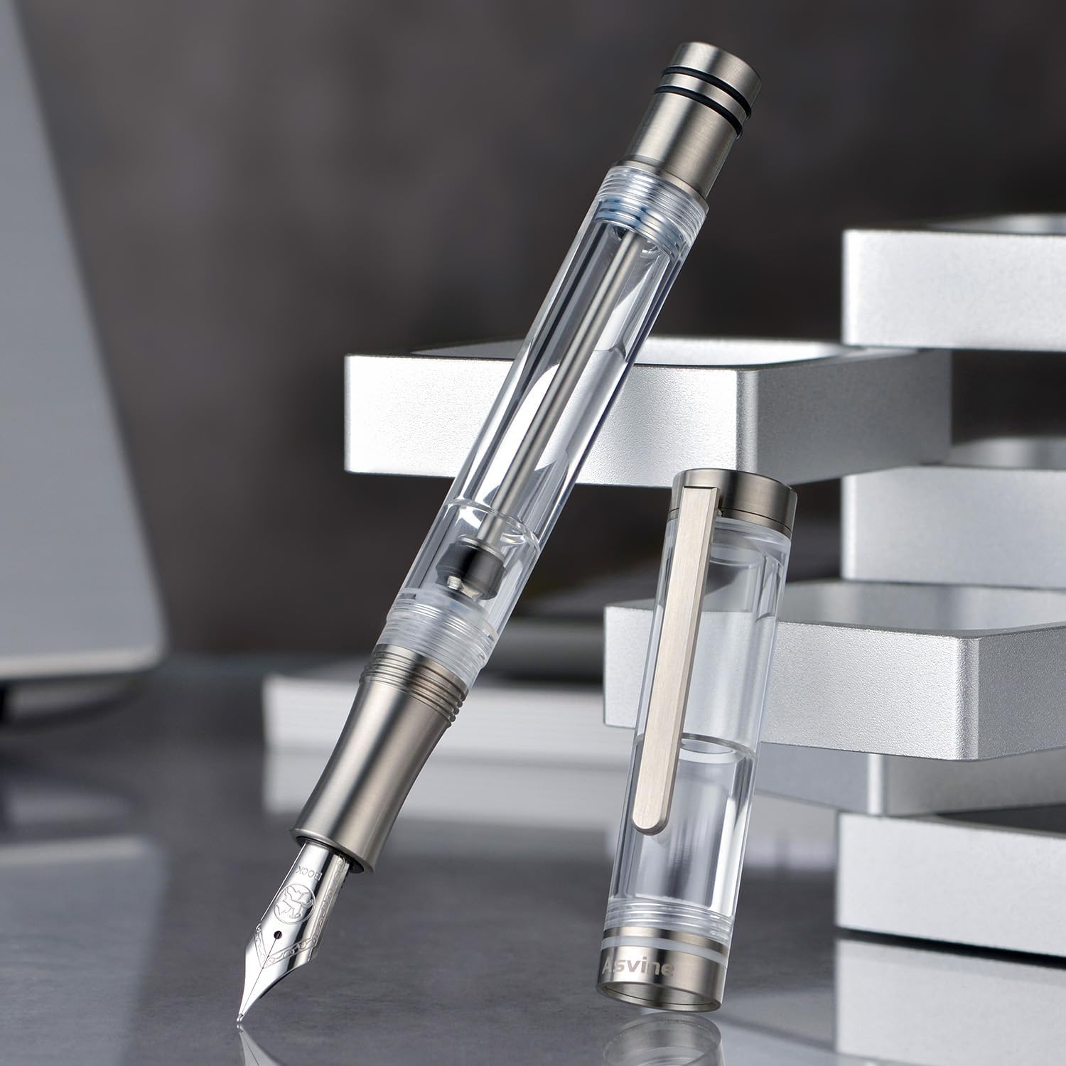 Asvine V200 Titanium Fountain Pen Vacuum Filling, Germany Bock Fine Point Clear Transparent Acrylic Smooth Writing Pen Case