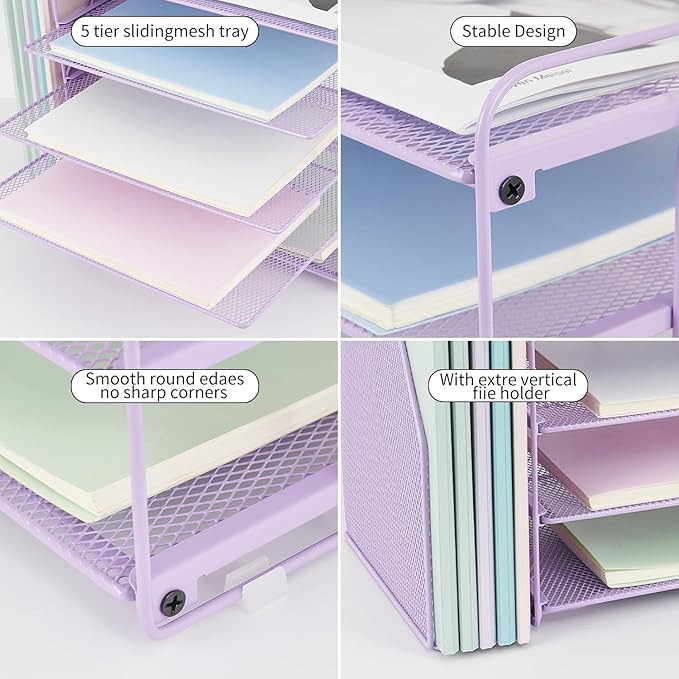 OPNCIE Desk Organizers and Accessories, 5 Tier Paper Letter Tray File Organizer, Office Organization Storage Desk Accessories Workspace Desktop Organizer for Classroom Office Supplies Decor(Purple)