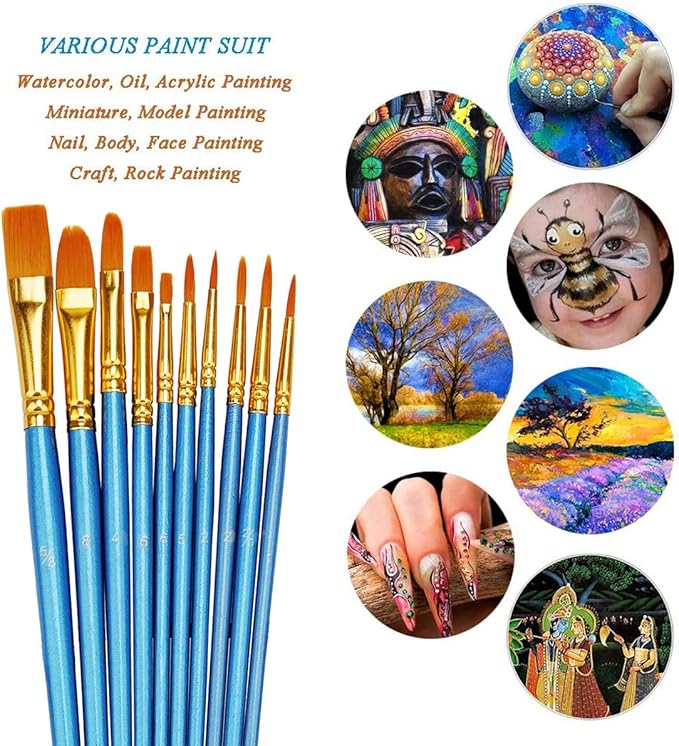BOSOBO Pointed-Round Paint Brush, 4 Sets of 10 Pieces Fine Tip Nylon Hair Miniature Paint Brushes for Acrylic Oil Watercolor Gouache, Artist Face Nail Body, Paint by Numbers, Model Craft & Rock Art