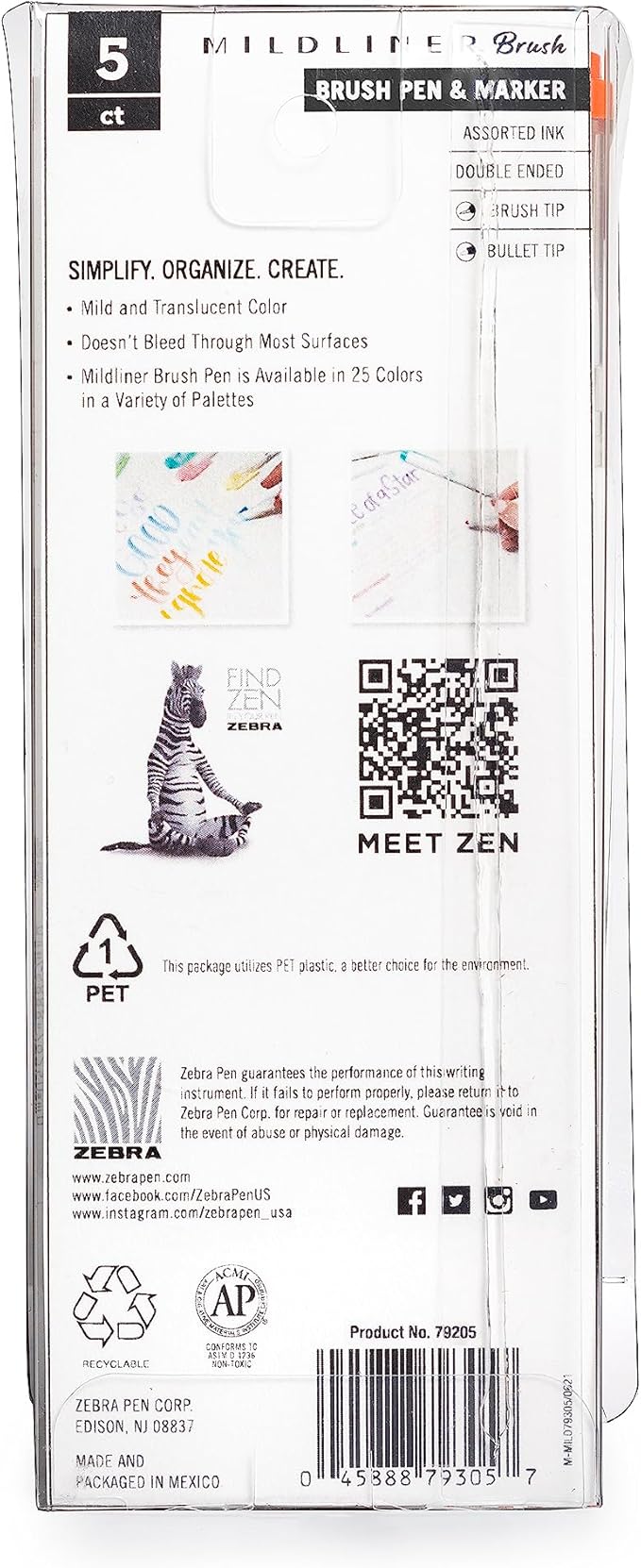 Zebra Pen Mildliner Brush Marker, Double Ended Brush and Fine Tip Pen, Assorted Cool and Refined Colors, 5 Pack