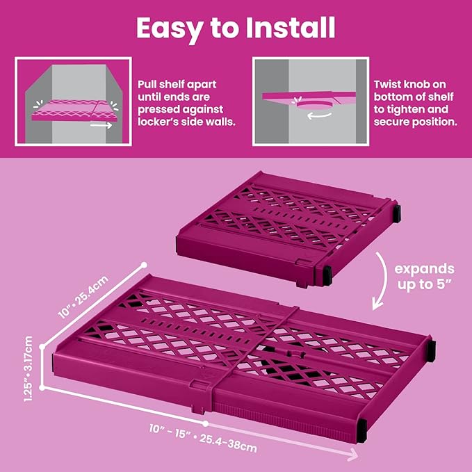 LockerMate Adjust-A-Shelf Locker Shelf, Extends to Fit Your Locker, Easy to Use, Perfect for School, Office, Gym, Pink