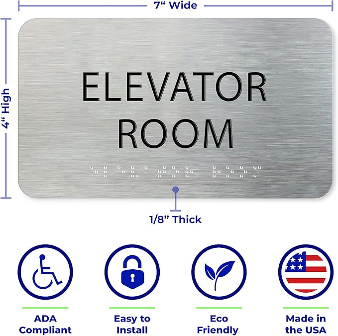 ADA Elevator Room Sign for Business - Office Signs, Aluminum Brushed Silver, Tamper-Proof, Heavy Duty Mounting Tape, Easy Install, Office Décor, ADA Compliant, Grade 2 Braille (7” W x 4” H) ADASigns.org