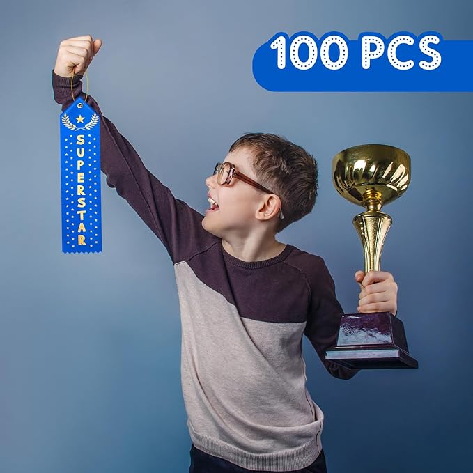 Hotop 100 Pieces Attendance Award Ribbons Participation Ribbon Blue Award with Event Card and Rope Award for Kids Competition, Sports Event, Contests, School, Office Team