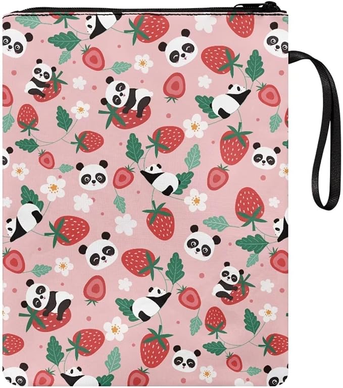 COEQINE Kawaii Book Sleeve Cover for Women Girls Back School Work Strawberry Panda Book Covers Pouch for Book Lovers Portable Book Pouch