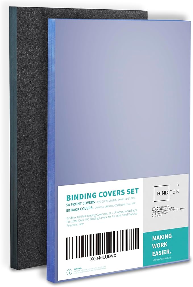 Binditek 100 Pack Binding Covers and Backs Set, 11 x 17 Inches, Including 50 Pcs 10 Mil Clear PVC Binding Covers, 50 Pcs 16 Mil Sand-Textured Polycovers, for Tabloid Size