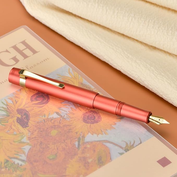 Hongdian M2 Black Forest Mini Fountain Pen, Fine Soft Golden Nib & Sleek Shape Aluminium Short Pocket Travel Pen (Orange Red)