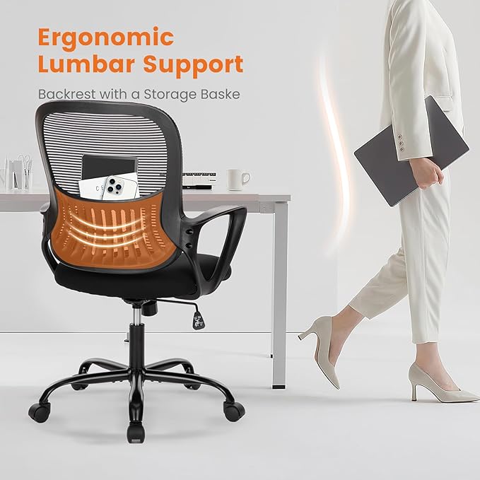 Sweetcrispy Home Office Computer Desk Chair, Ergonomic Managerial Executive Mid-Back Mesh Rolling Work Swivel Chairs with Wheels, Comfortable Lumbar Support, Comfy Arms for Bedroom, Study, Student