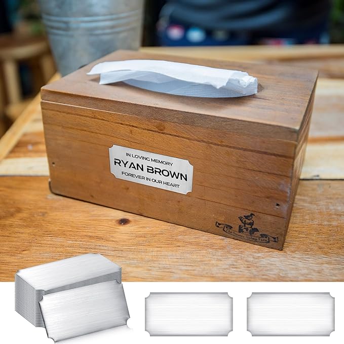 Therwen 30 Pcs Name Plates Laser Engraved Brushed Stainless Steel Plate Personalized Plaque Blank Custom Name Tag Frame Label with Adhesive Backing(Silver Notched Corner,4''x 2'')