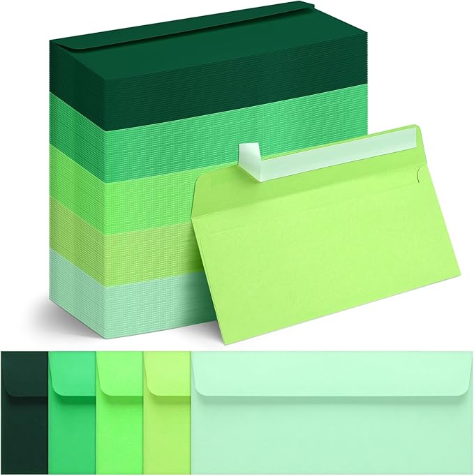 Outus 500 Pcs #10 Business Envelopes Adhesive Standard Envelopes Colored Envelopes for Office Check Invoices Letters Letterhead Invitations Announcements 4-1/8 x 9-1/2'' (Green Series)