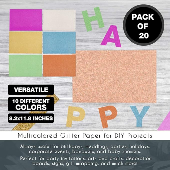 BigOtters 20 Sheets Glitter Cardstock, 10 Colors Premium Glitter Paper for Crafts, 8.5 x 11 Inches, 250GSM