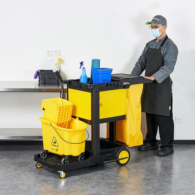 Restaurantware-Clean Tek Professional 3-Shelf Janitor Cart with Wheels, 1 Cleaning Trolley with Cover and 21 Gallon Bag - Includes 1 Single Locking Cabinet, Heavy-Duty, Gray Plastic Janitorial Cart