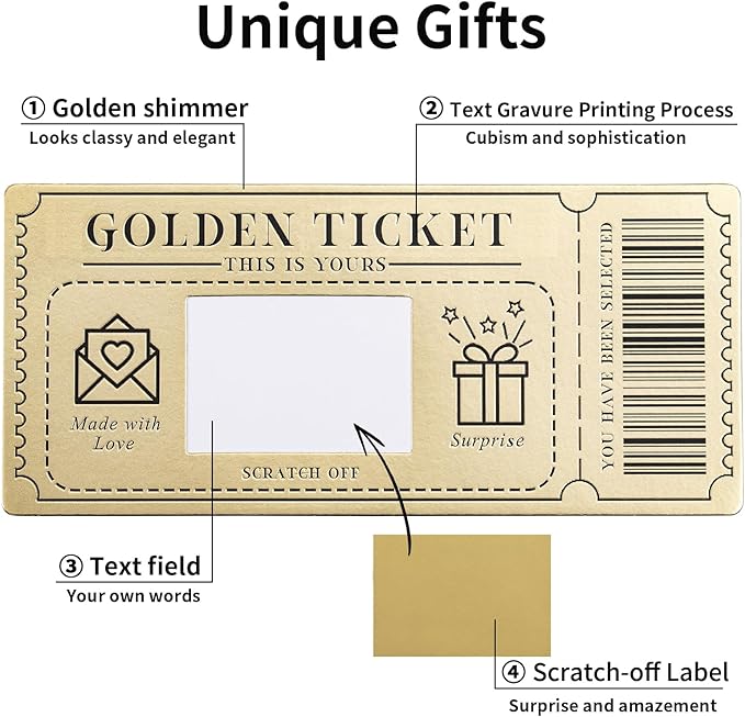 1 Piece Golden Ticket Scratch-off Card with Envelope, Scratch & Reveal Surprise Ticket for Writing Your Own Special for Birthday, Gifts for Girlfriends, Wives, Valentine's Day Card, Christmas Gift Card