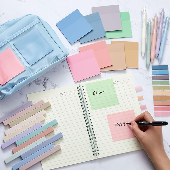 Jutom 39 Pcs Aesthetic Book Annotation Kit Pencil Case Bag with Highlighter Gel Pen 700 Sheets Transparent Sticky Notes Pads Index Tab Bible Study Supplies for School(Blue,Kawaii Style)