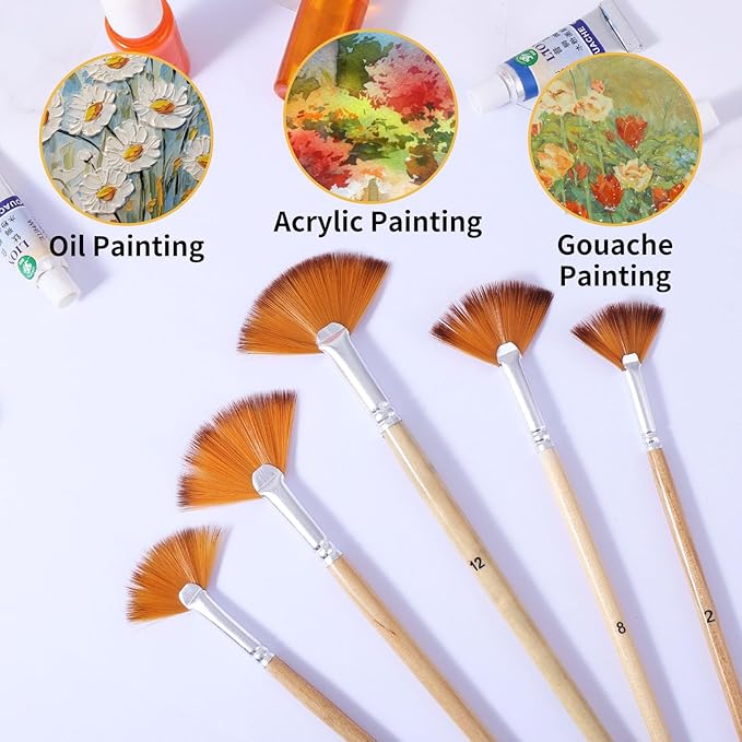 Prasacco 5 Pieces Fan Brush for Painting, Oil Acrylic Paint Brushes Artist Fan Brushes Nylon Hair Long Wood Handle Painting Brush for Acrylic Watercolor Oil Gouche Painting (2/4/6/8/10#)