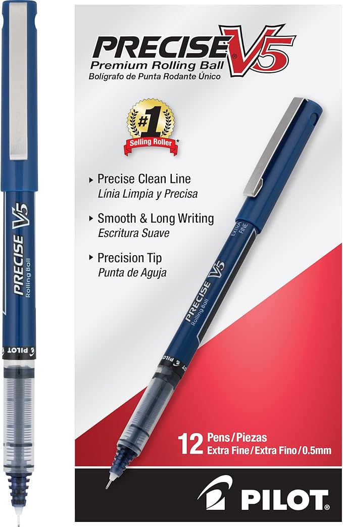 Pilot, Precise V5, Capped Liquid Ink Rolling Ball Pens, Extra Fine Point 0.5 mm, Navy Blue, Pack of 12