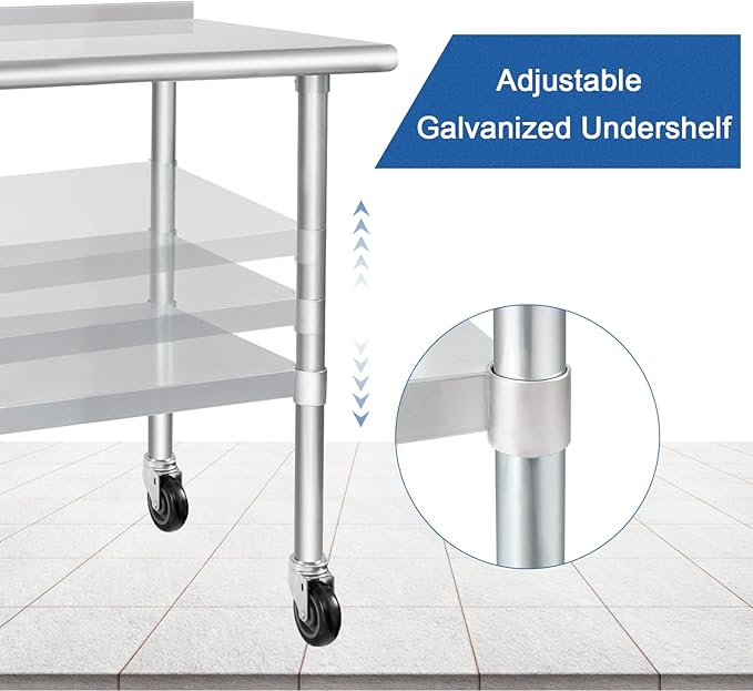 HARDURA Stainless Steel Table 24 x 72 Inches with Wheels Casters NSF Heavy Duty Commercial Prep Table with 2” Backsplash and Adjustable Undershelf for Restaurant Kitchen Home and Hotel