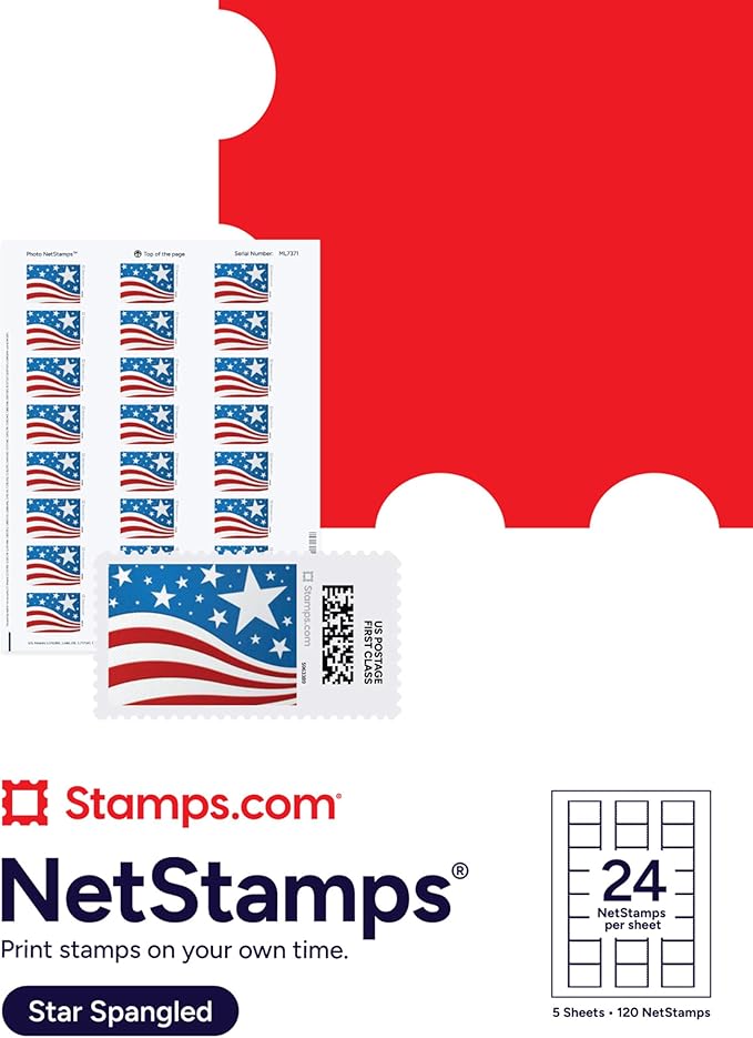 Star Spangled NetStamps 120-Pack (5 Sheets) Printable Postage Labels (Stamps.com Subscription Required) - Print Approved Postage - Inkjet & Laser Printers - Business, Personal, Home