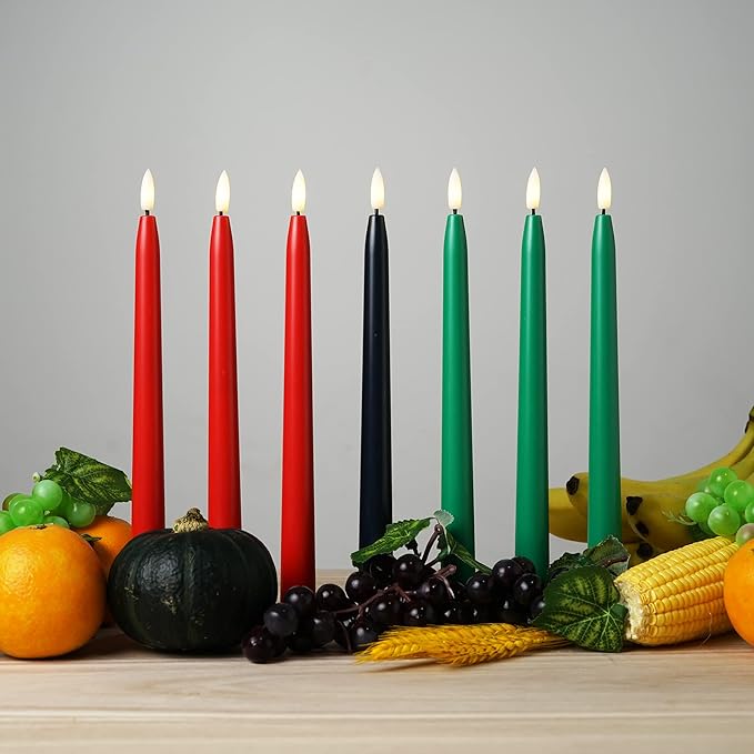Kwanzaa Kinara Candle Holder Set with Flameless Battery Powered Electric Candles, Flameless Kwanzaa Candles - Set of 7 Tapers (Battery Operated) Mishumaa Saba, Realistic 3D Flames, Remote Control