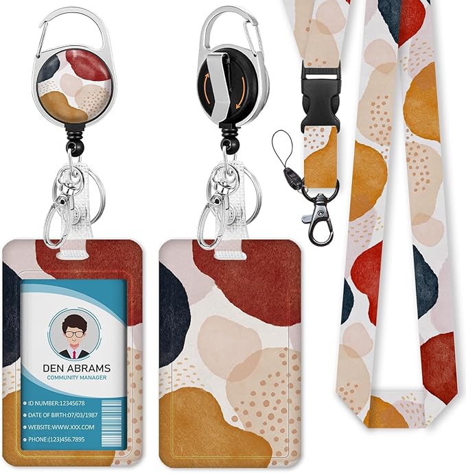 ID Badge Holder with Breakaway Lanyards, Badge Holder with Retractable Reel Clip, Boho Abstract Art Name Tag Lanyard Vertical ID Card Protector for Women Teacher Nurses Doctor Student
