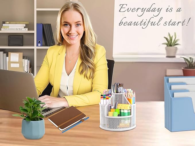 Sturdy Rotating Pen Holder, Cute Metal Pencil Holder, Large Mesh Pen Organizer for Desk, Premium Friendly Office Desk Accessories & Workspace Organizers Pearl White