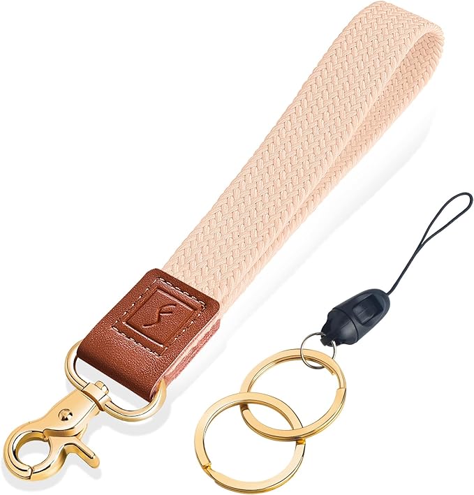 Fishent Stretchy Wristlet Keychain,Braided Cute Wrist Lanyards for Keys, Key Chain Holder for Women Men, Wrist Strap Keychain for Car Keys Phone Camera Wallet ID Badges Card (Pink Sands)